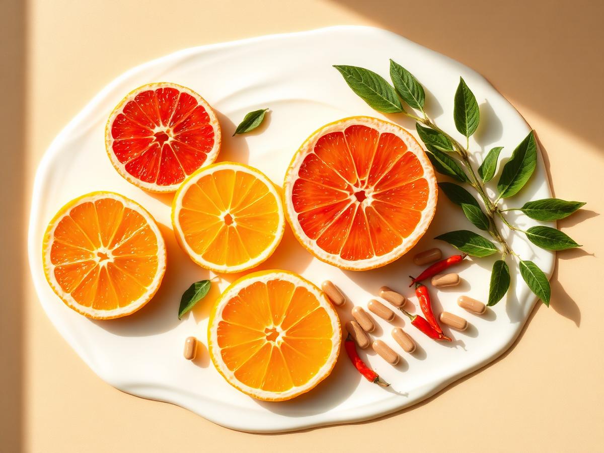 Citrus fruit, green tea leaves and capsules laid out on a cream surface